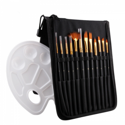 12 Pcs Wooden Handle Nylon Hair Oil Watercolor Paint Brushes Artist Paint Brush Set With Plastic Palette