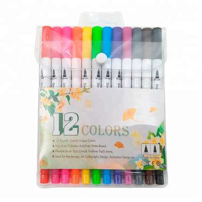 12 Color PVC Packaged Non Toxic Fineliner And Flexible Brush Marker Pen.